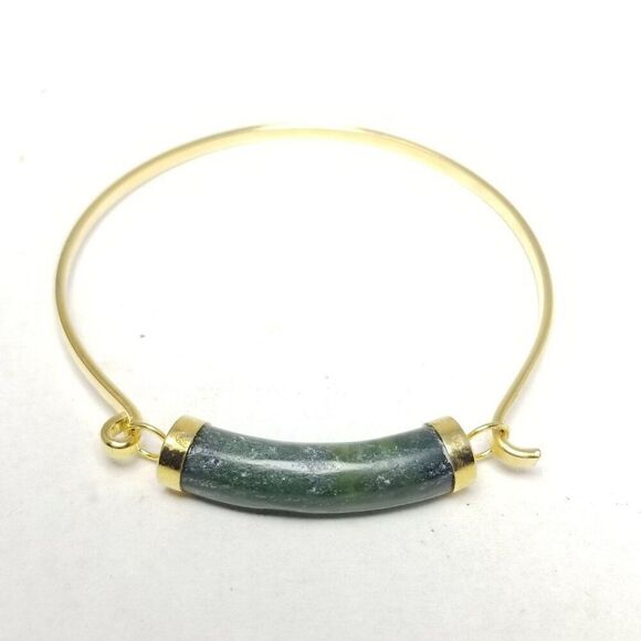Vintage Gold Tone and Green Bangle Bracelet, Minimal Design, Stacking Estate - Picture 1 of 5